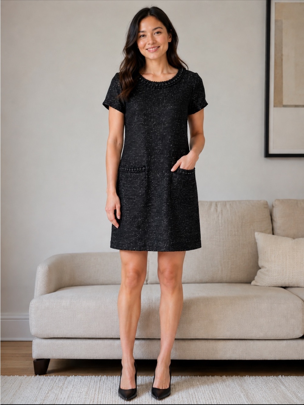 Talbots black with silver metallic Dress Short Sleeve Crew Neck
Size 12
